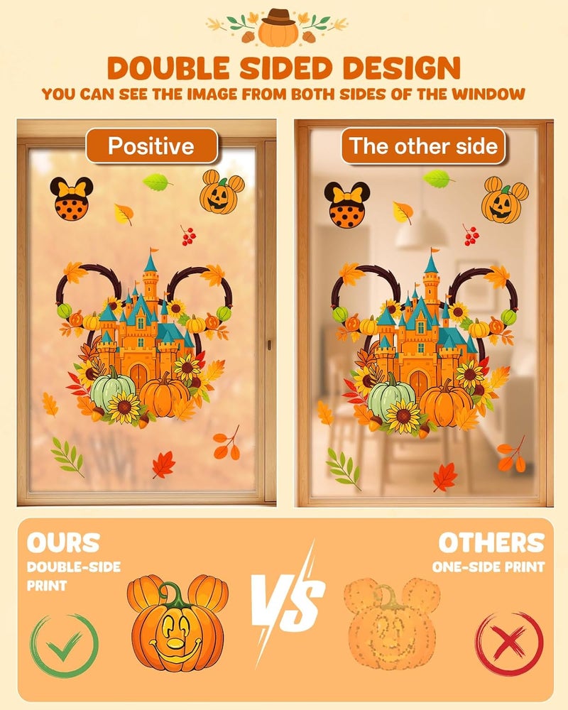 JMHACHY Fall Window Clings - 9 Sheets 149 Pcs Fall Decorations for Autumn Thanksgiving Harvest Home Party, Pumpkin Leaves Car Maple Castle Acorns Stickers for Glass, Double-Sided Static Window Decals - Image 3